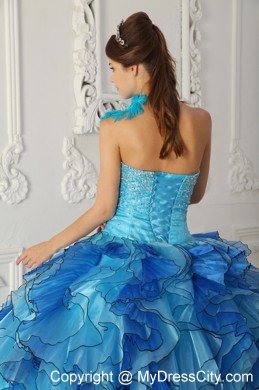 Aqua Blue Single Shoulder Satin Quinceanera Dress