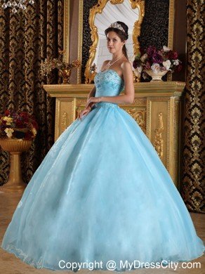 Aqua Blue Sweetheart Organza Beading Quinceanera Dress