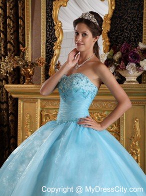 Aqua Blue Sweetheart Organza Beading Quinceanera Dress