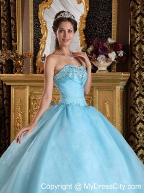 Aqua Blue Sweetheart Organza Beading Quinceanera Dress