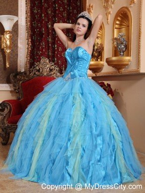 Aqua Blue Sweetheart Beaded Tulle Quinceanera Dress