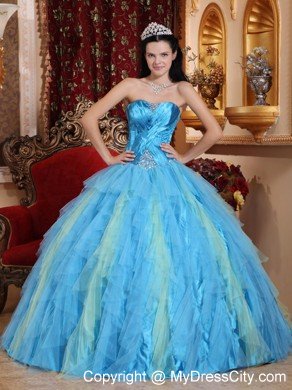 Aqua Blue Sweetheart Beaded Tulle Quinceanera Dress