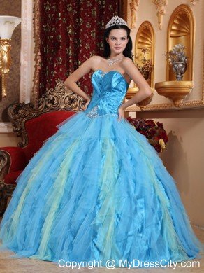 Aqua Blue Sweetheart Beaded Tulle Quinceanera Dress