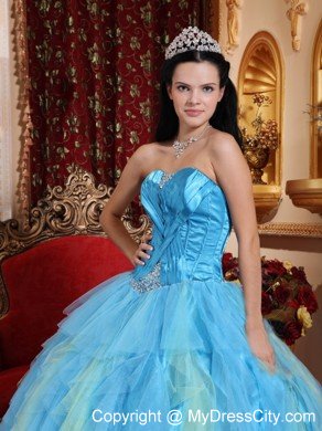 Aqua Blue Sweetheart Beaded Tulle Quinceanera Dress