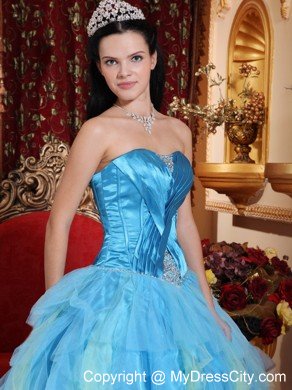 Aqua Blue Sweetheart Beaded Tulle Quinceanera Dress