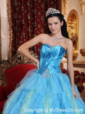 Aqua Blue Sweetheart Beaded Tulle Quinceanera Dress