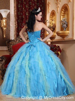 Aqua Blue Sweetheart Beaded Tulle Quinceanera Dress