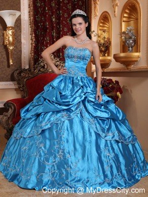 Blue Strapless Embroidery and Beading Quinceanera Dress