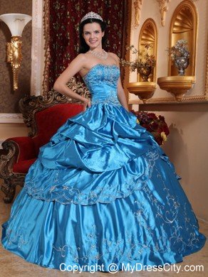 Blue Strapless Embroidery and Beading Quinceanera Dress