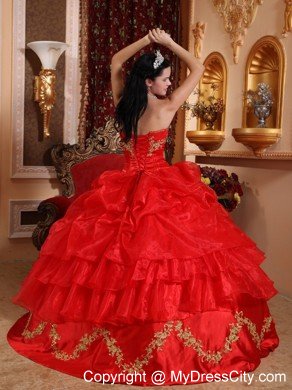 Red Strapless Appliqued Organza Quinceanera Dress