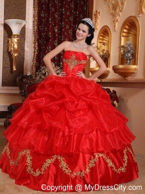 Red Strapless Appliqued Organza Quinceanera Dress