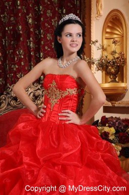 Red Strapless Appliqued Organza Quinceanera Dress