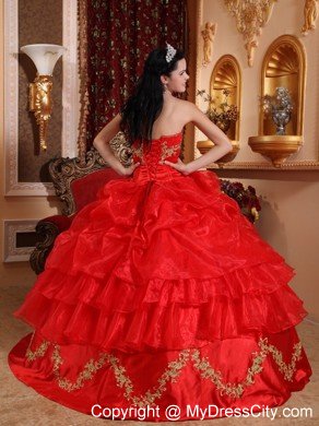 Red Strapless Appliqued Organza Quinceanera Dress