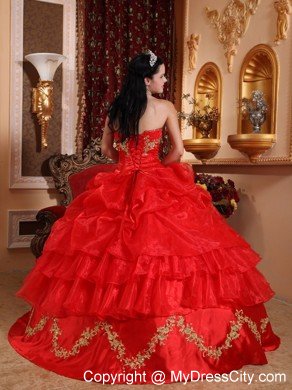 Red Strapless Appliqued Organza Quinceanera Dress