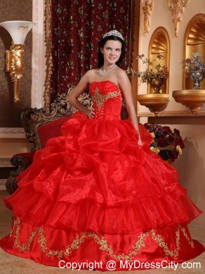 Red Strapless Appliqued Organza Quinceanera Dress