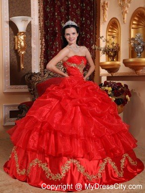 Red Strapless Appliqued Organza Quinceanera Dress