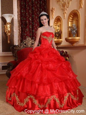 Red Strapless Appliqued Organza Quinceanera Dress