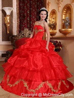 Red Strapless Appliqued Organza Quinceanera Dress