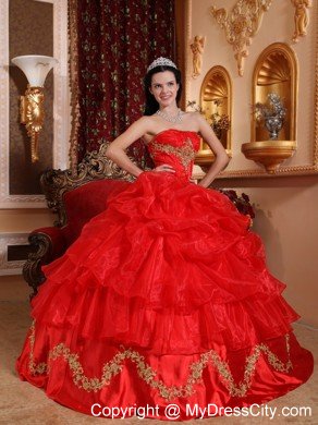 Red Strapless Appliqued Organza Quinceanera Dress