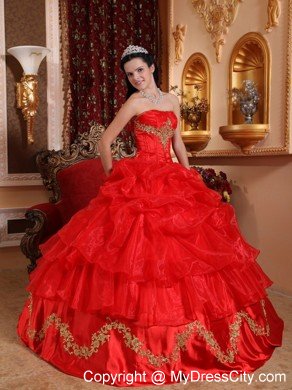 Red Strapless Appliqued Organza Quinceanera Dress