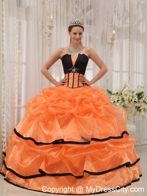 Orange and Black Strapless Beaded Quinceanera Gowns