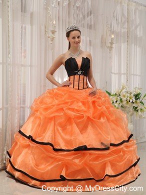 Orange and Black Strapless Beaded Quinceanera Gowns