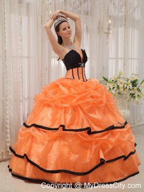 Orange and Black Strapless Beaded Quinceanera Gowns