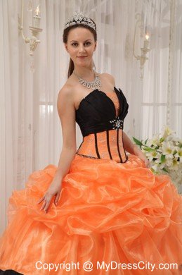 Orange and Black Strapless Beaded Quinceanera Gowns