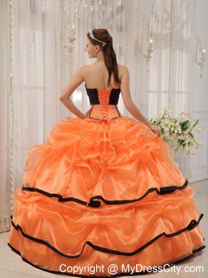 Orange and Black Strapless Beaded Quinceanera Gowns