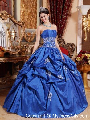 Appliqued Strapless Blue Quinceanera Party Dress