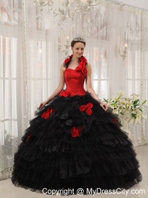 Red and Black Halter Top Ruffled Dress for Quince