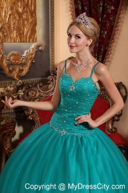 Teal Spaghetti Straps Tulle Quincenara Dress with Beading