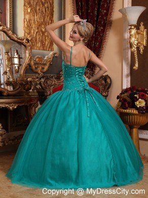 Teal Spaghetti Straps Tulle Quincenara Dress with Beading