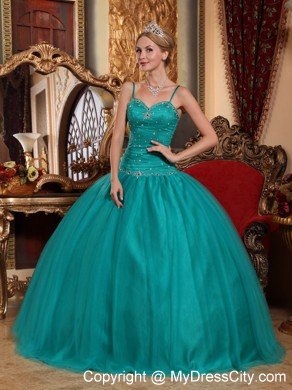 Teal Spaghetti Straps Tulle Quincenara Dress with Beading