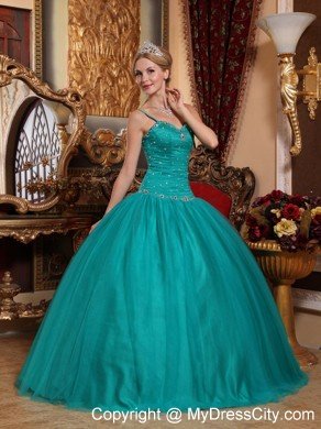 Teal Spaghetti Straps Tulle Quincenara Dress with Beading