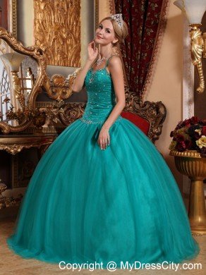 Teal Spaghetti Straps Tulle Quincenara Dress with Beading