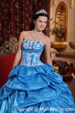 Strapless Baby Blue Appliques Puffy Quinceanera Dress