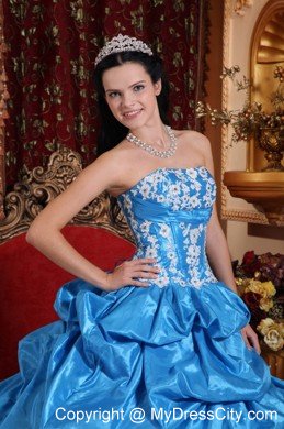 Strapless Baby Blue Appliques Puffy Quinceanera Dress