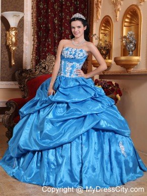 Strapless Baby Blue Appliques Puffy Quinceanera Dress