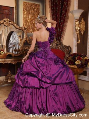 Flowered One Shoulder Taffeta Beading Ball Gown Quinceanera Dress