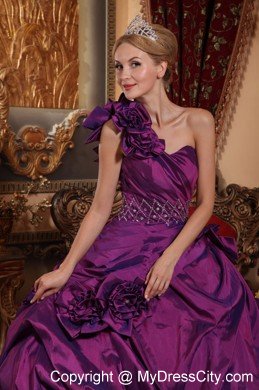 Flowered One Shoulder Taffeta Beading Ball Gown Quinceanera Dress