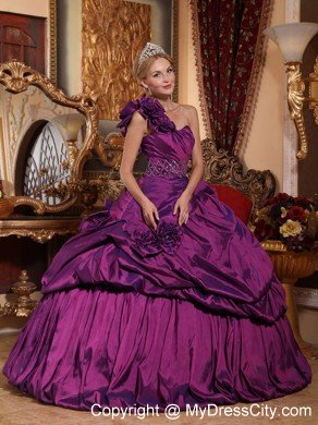 Flowered One Shoulder Taffeta Beading Ball Gown Quinceanera Dress