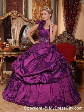 Flowered One Shoulder Taffeta Beading Ball Gown Quinceanera Dress