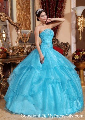 Aqua Blue Strapless Floor-length Beading Dress for Quince