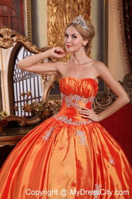 Orange Red Taffeta Ball Gown Quinceanera Dress with Appliques