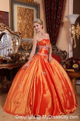 Orange Red Taffeta Ball Gown Quinceanera Dress with Appliques