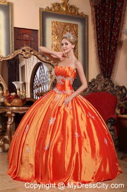 Orange Red Taffeta Ball Gown Quinceanera Dress with Appliques