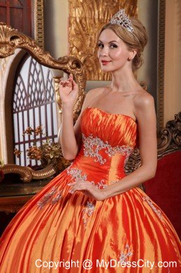 Orange Red Taffeta Ball Gown Quinceanera Dress with Appliques