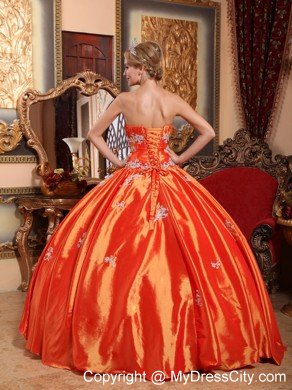 Orange Red Taffeta Ball Gown Quinceanera Dress with Appliques