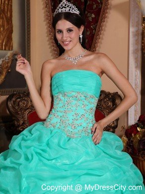 Turquoise Strapless Appliques Quinceanera Dress in Organza Fabric